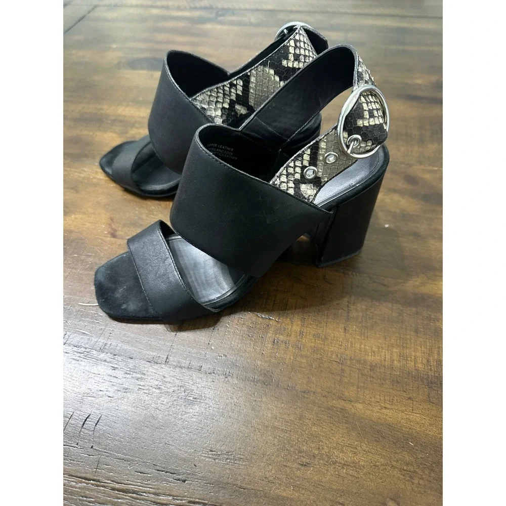 Banana Republic Black Leather Snakeskin Slingback Block Heel Sandals Womens 7.5M